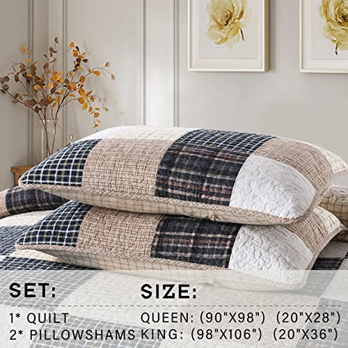 Quilt Queen 100% Cotton Queen Quilt Bedding Set, Grey Patchwork Plaid, 3 Pieces C440600