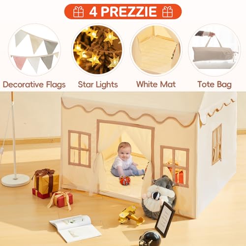 Kids Tent Playhouse with Star Lights, Flags and Tote Bags, Washable Teepee for Boys & Girls V1120