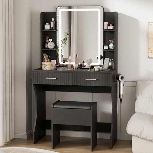 White Vanity Desk with LED Mirror and Storage Stool D5834