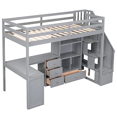 Harper & Bright Designs Twin Size Loft Bed with L-Shaped Desk and Stairs, Solid Wood, White D768