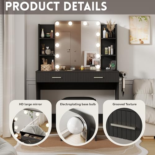 White Vanity Desk with LED Mirror and Storage Stool D5834