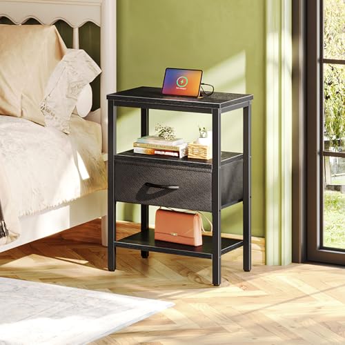 SUPERJARE Nightstand with Charging Station, Fabric Drawer, 3-Tier Storage, Walnut K366263