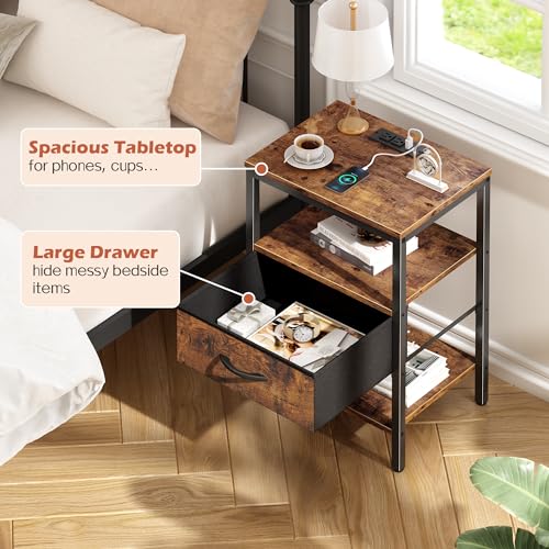 SUPERJARE Nightstand with Charging Station, Fabric Drawer, 3-Tier Storage, Walnut K366263