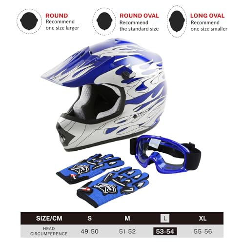 SLMOTO Dot Youth Kids Motocross Offroad Helmet with Goggles and Gloves Blue Skull D851858