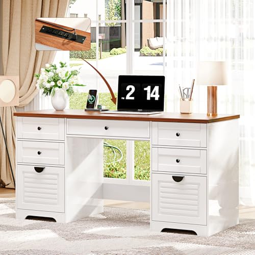 Antique Cream 59" Executive Farmhouse Computer Desk with 7 Drawers and Charging Station R75936