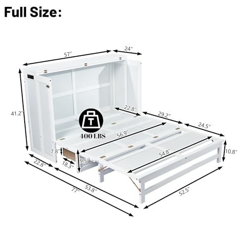 Queen Murphy Bed Cabinet with Storage Drawer and Charging Station, Solid Pine, White A401