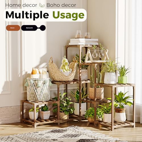 Bamworld Plant Stand Indoor Outdoor Wood Plant Rack 3 Tier Ladder D51744