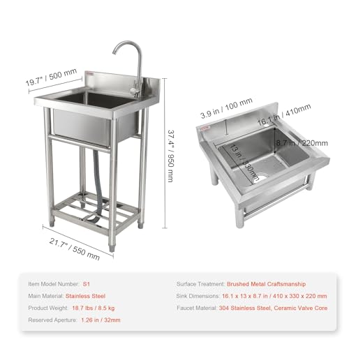 VEVOR Stainless Steel Utility Sink with Workbench Faucet and Legs, 39.4 x 19.1 x 37.4 in L559