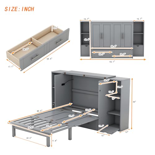 Ball & Cast Queen Size Solid Pine Murphy Bed with Charging Station, White + Walnut P2075