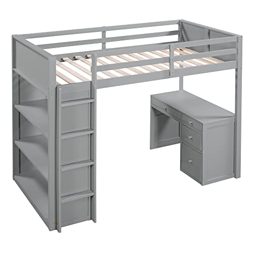 Harper & Bright Designs Full Size Loft Bed with Wardrobe and Desk, Solid Wood, White R4710