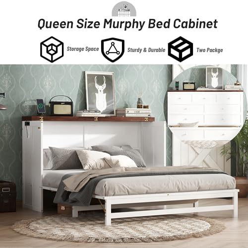 Queen Murphy Bed Cabinet with Storage Drawer and Charging Station, Solid Pine, White A401