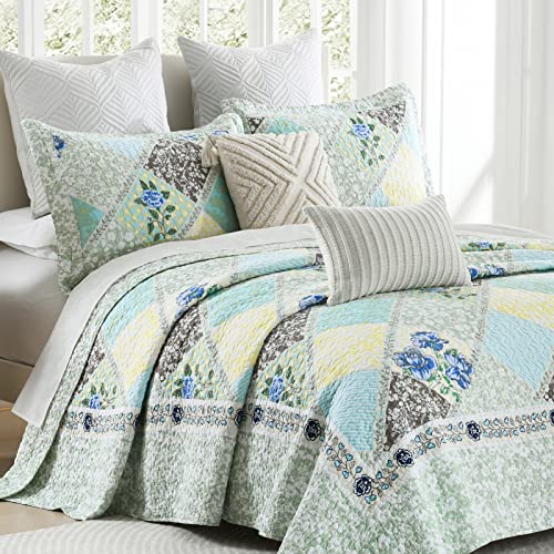 Finlonte Quilts Queen Size Sets, Floral Real Patchwork Blue Grey Farmhouse Plaid 100% Cotton Queen Quilt, Reversible Lightweight Soft Queen Bedspread Quilt Bedding Set, 3-Pieces