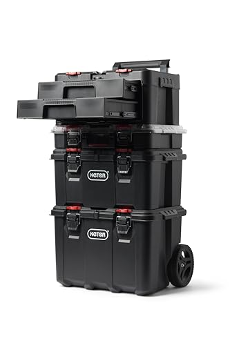 Keter Stack-n-Roll Modular Tools Organizer, 3 Piece Resin Rolling Tool Box, Black S451