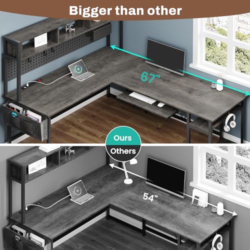 SEDETA L Shaped Gaming Desk with Power Outlet and Pegboard, Black B28201