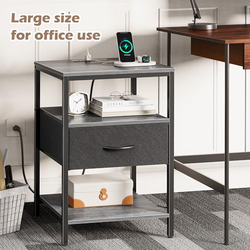 SUPERJARE Nightstand with Charging Station, Fabric Drawer, 3-Tier Storage, Walnut K366263