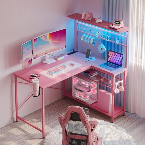 Bestier 42 L Gaming Desk with Power Outlets, LED Lights and Shelves D8630