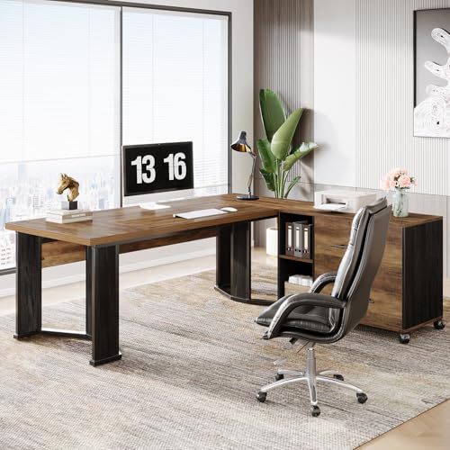 Tribesigns 70.86" L Shaped Executive Desk with Mobile File Cabinet, Brown and Black J5967