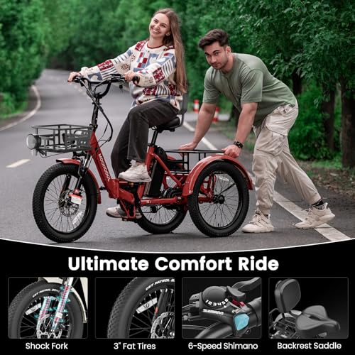 MOONCOOL Electric Tricycle for Adults, 500W 48V Folding 3-Wheel Bike with Basket O9027