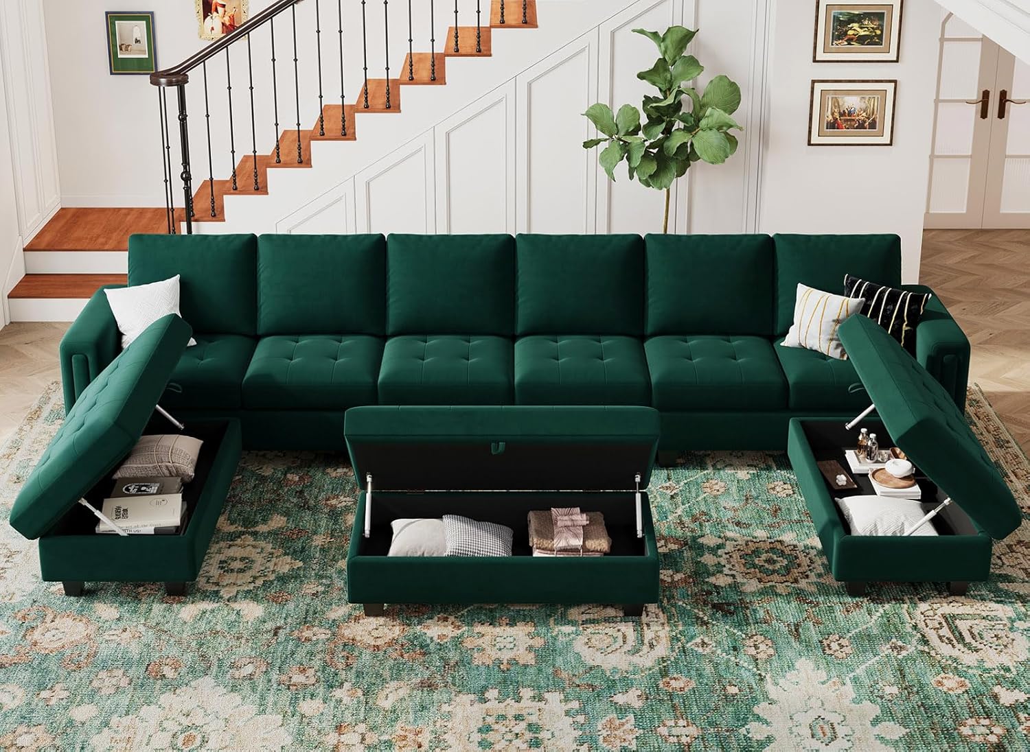 Belffin Velvet Storage Ottoman Bench for Sectional Sofa Green K76724