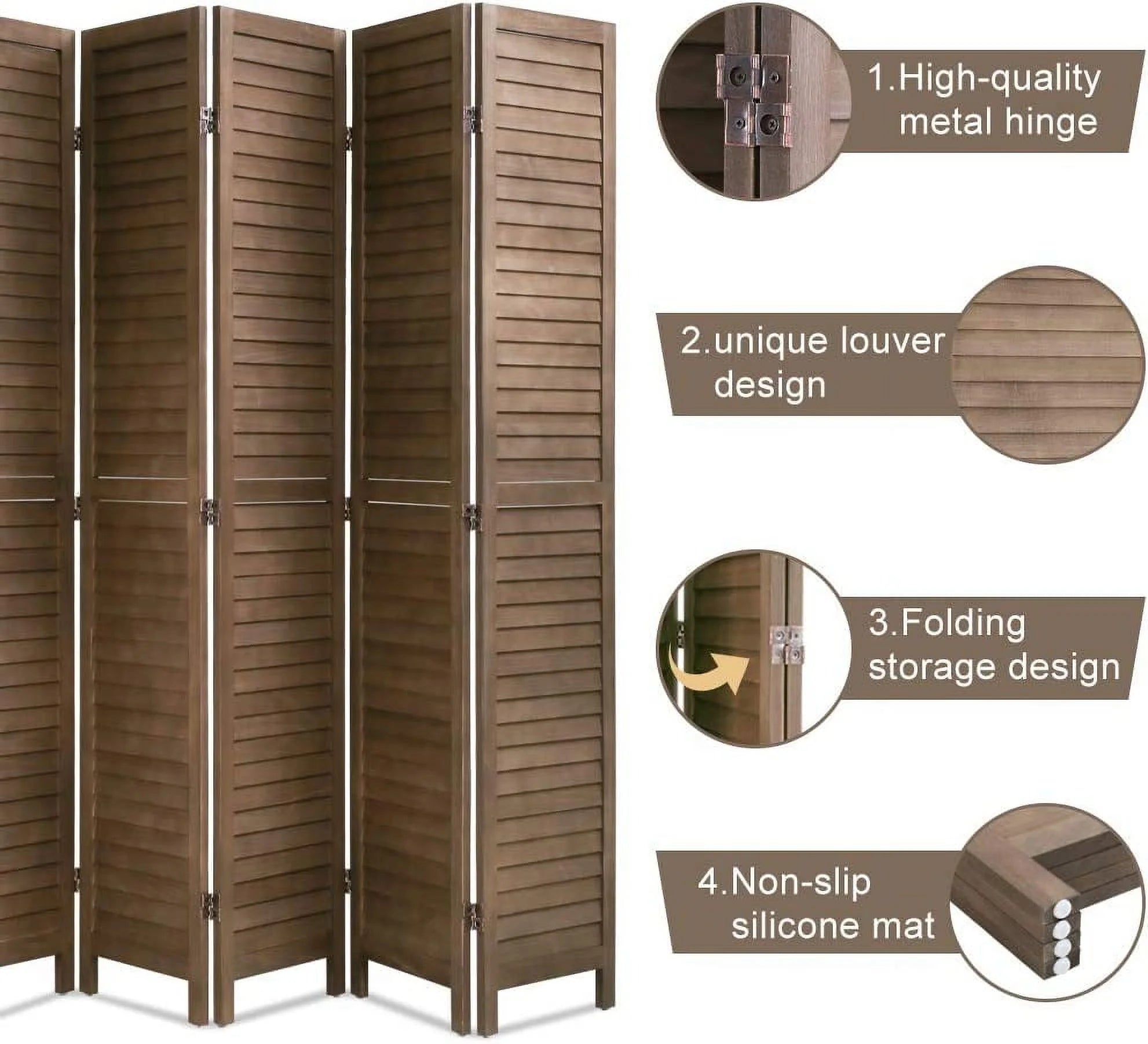 CL.HPAHKL 6 Panel Wood Room Divider, 5.75 Ft Tall Folding Privacy Screen, Brown Q34255