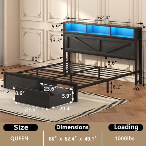 Farmhouse Full Bed Frame with Bookcase Headboard, Charging Station, Brown K11127