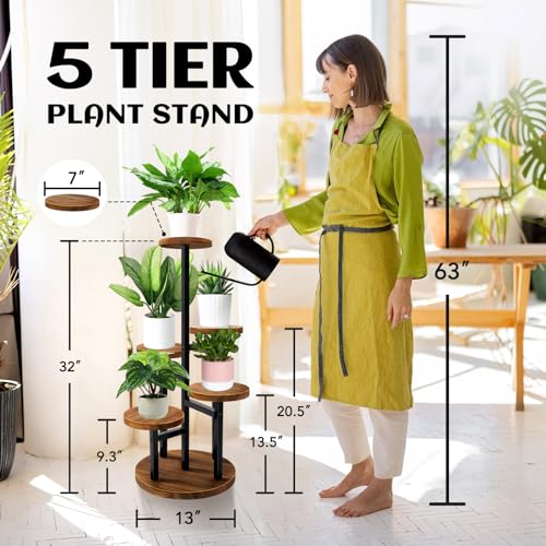 AUGOSTA 5 Tier Plant Stand, Tall Metal Wood Shelf for Indoor Outdoor Garden O47518