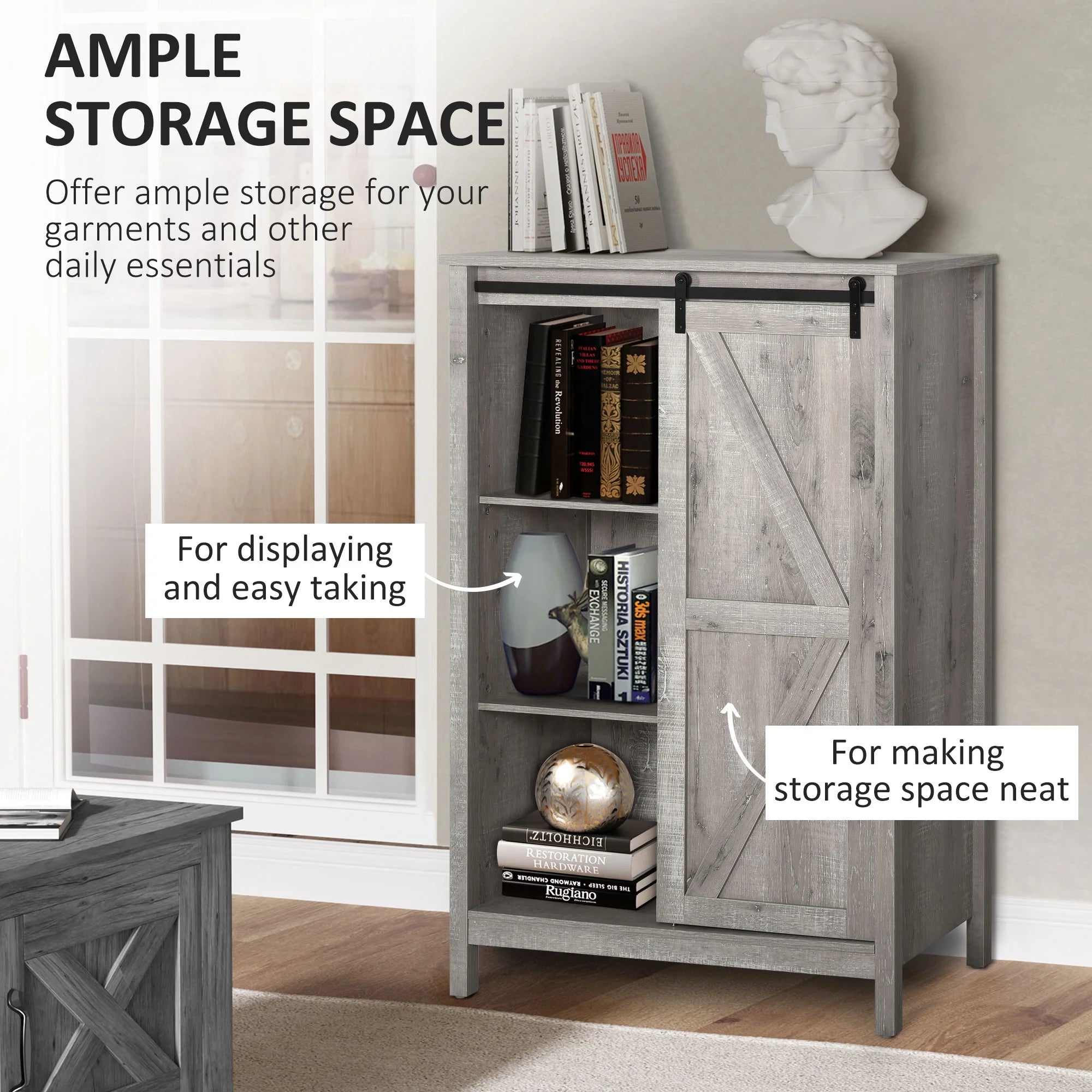 HOMCOM Farmhouse Accent Cabinet with Barn Door, Grey Oak U658117