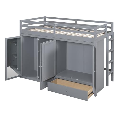 Harper & Bright Designs Twin Size Loft Bed with L-Shaped Desk and Stairs, Solid Wood, White D768