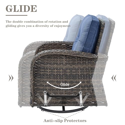 Outdoor Wicker Swivel Rocker Chairs Set of 2 with Rattan Side Table, Brown/Blue B592