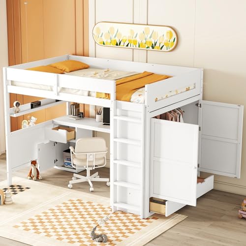 Harper & Bright Designs Twin Size Loft Bed with L-Shaped Desk and Stairs, Solid Wood, White D768