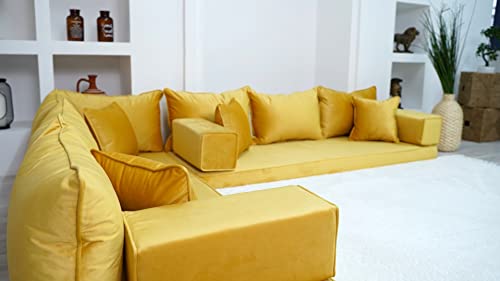 L Shaped Velvet Floor Cushion Sofa with Ottoman and Pillows V120