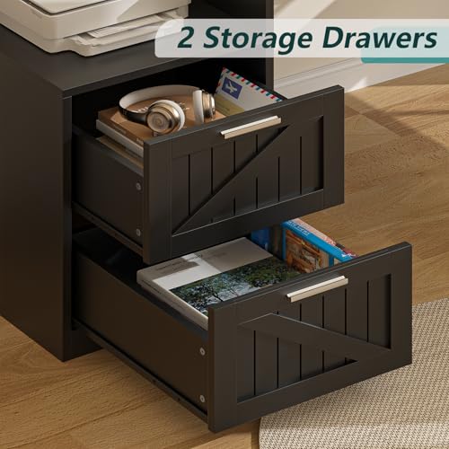 63" Farmhouse L Shaped Desk with Drawers, Power Outlets & Storage Shelf Q538