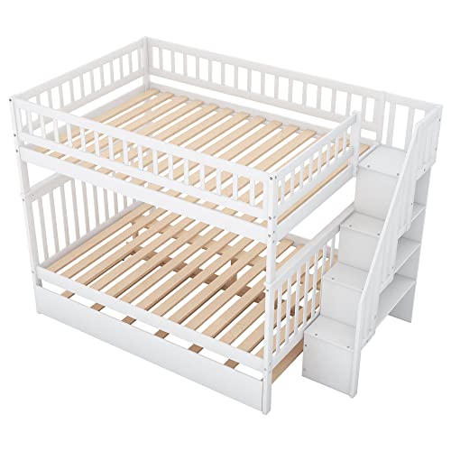 Harper & Bright Designs Twin Size Loft Bed with L-Shaped Desk and Stairs, Solid Wood, White D768