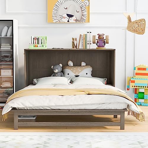 Queen Size Solid Pine Murphy Bed Chest with Charging Station and Storage Drawer K498