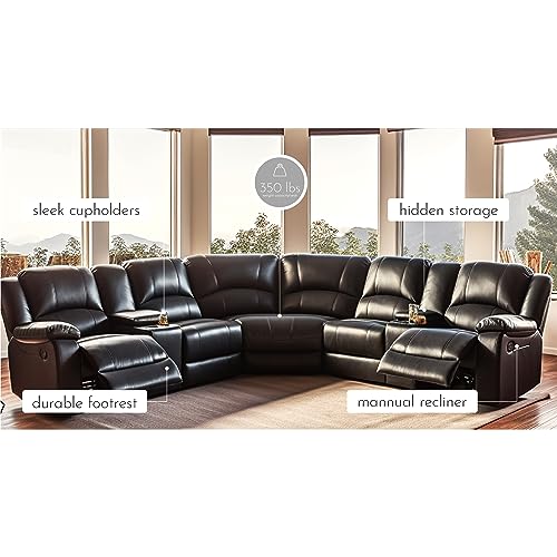 LY&S Home Collection Sectional Reclining Sofa, Modular PU Leather, Black S367