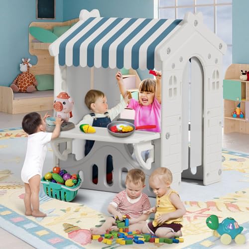 BIERUM Kids Playhouse with Pretend Play Kitchen Toys, Blue W6825