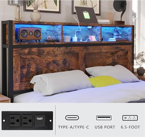 Farmhouse Full Bed Frame with Bookcase Headboard, LED Lights and Charging Station M527023