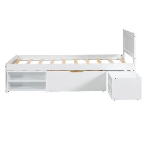 SOFTSEA Full Size Platform Bed with Storage Drawers and Bookcase Headboard, White V613109