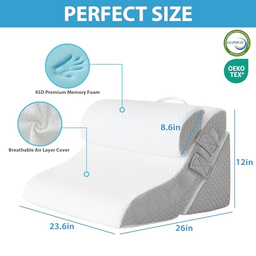 Bed Wedge Pillow for Sleeping, 9 & 12 Inch Adjustable, Memory Foam, White/Grey V501