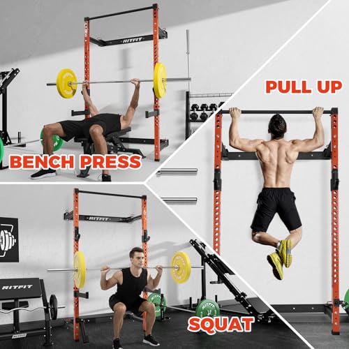 RitFit Multi-Functional Folding Squat Rack for Home Gym, Wall Mounted with Attachments V171188