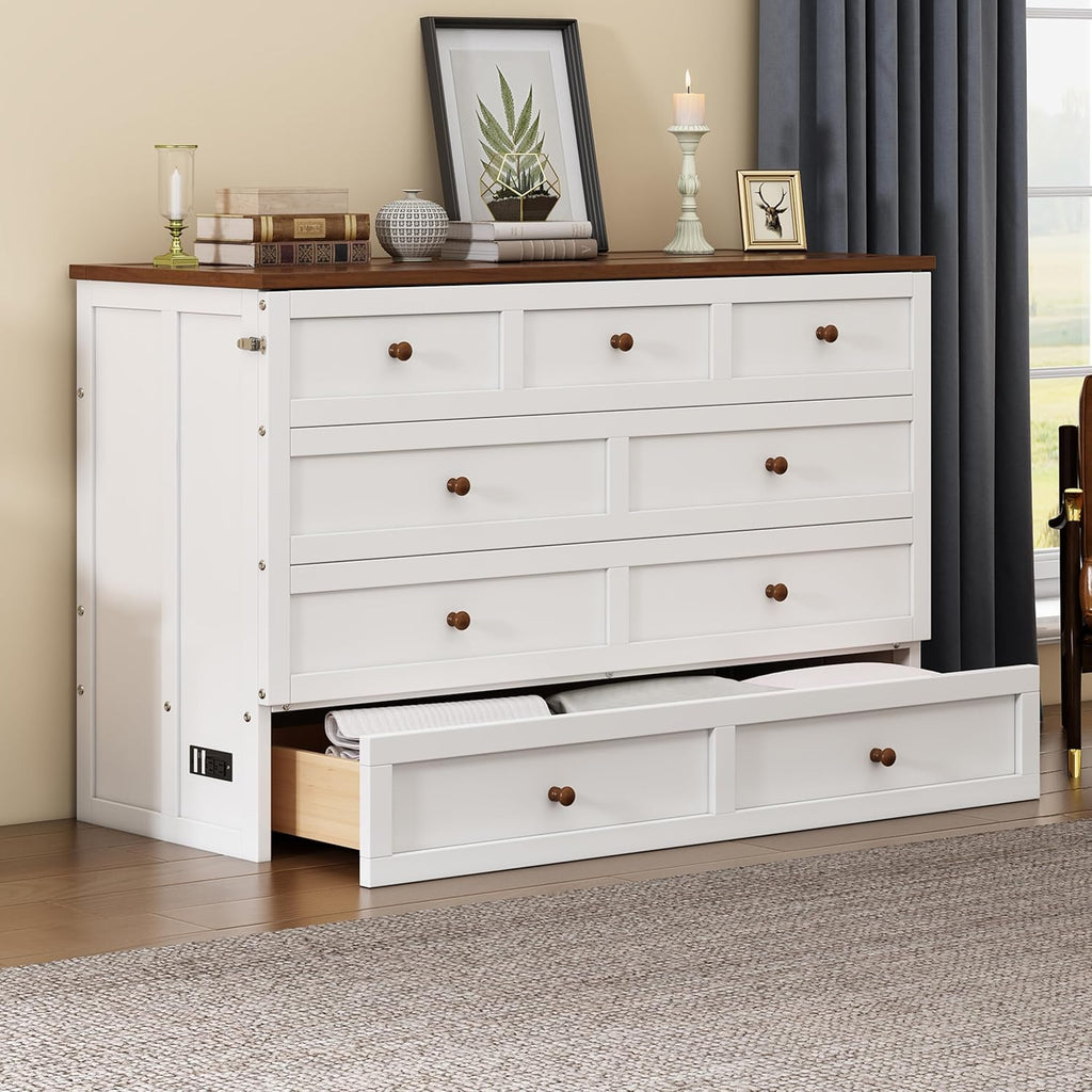 Murphy Bed Full Size with Large Drawer, Foldable Storage Cabinet w/Charging Station for Home Office Small Space, Wood Wall Chest Platform Bedframe, White+Walnut