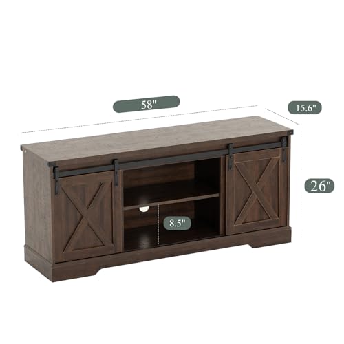 St.Mandyu Farmhouse TV Stand for TVs up to 65 inch, Wood Entertainment Center with Sliding Barn Doors, Brown C49324