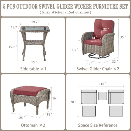 Outdoor Wicker Swivel Rocker Chairs Set of 2 with Rattan Side Table, Brown/Blue B592