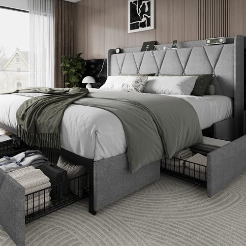 Queen Bed Frame with 4 Storage Drawers and Charging Station, Black S804993