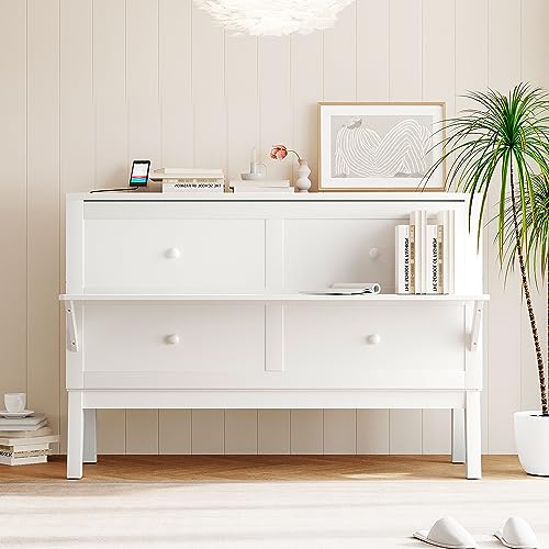 Queen Size Solid Pine Murphy Bed Chest with Charging Station and Storage Drawer K498