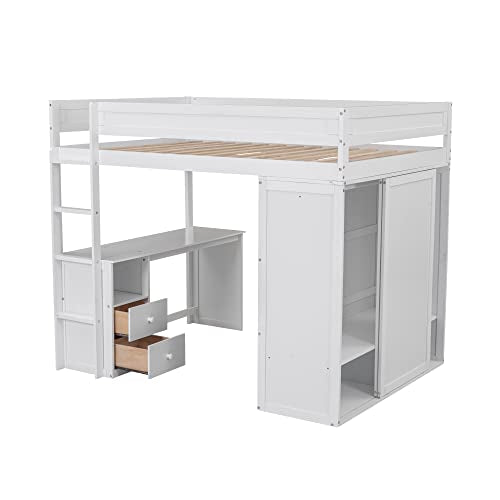 Full Size Loft Bed with Storage Wardrobe and Desk for Kids Teens Adults White K66587