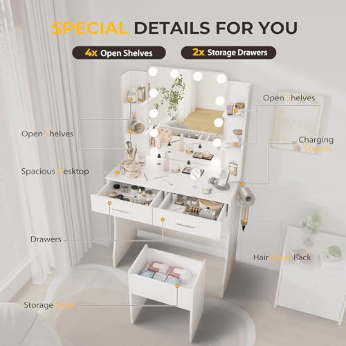 White Vanity Desk with LED Mirror and Storage Stool D5834