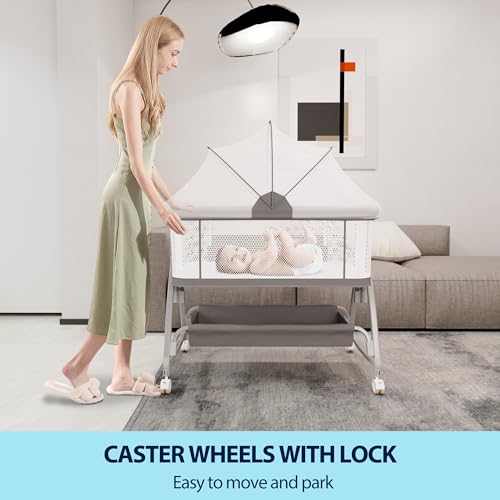 3 in 1 Baby Bassinet Bedside Sleeper with Wheels, Adjustable Height, Storage, Mattress & Canopy L72196
