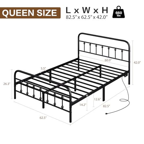 Full Bed Frame with Charging Station, Metal Platform, Black Y12142