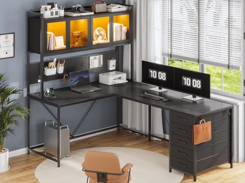 SEDETA L Shaped Gaming Desk with Drawers, LED Lights, and Power Outlet O3738
